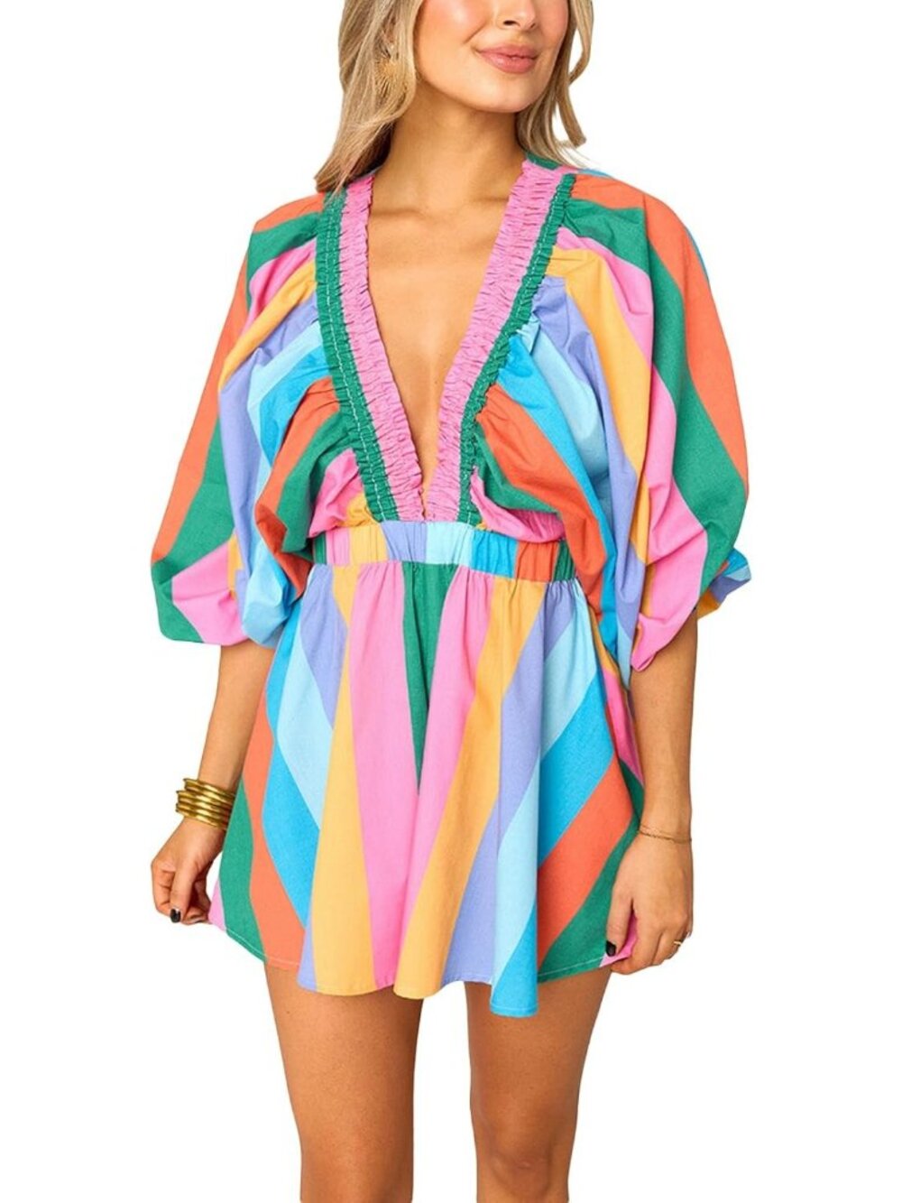 Women's Colorful Long Puff Sleeve Summer Deep V Neck Flowy Tropical Romper
